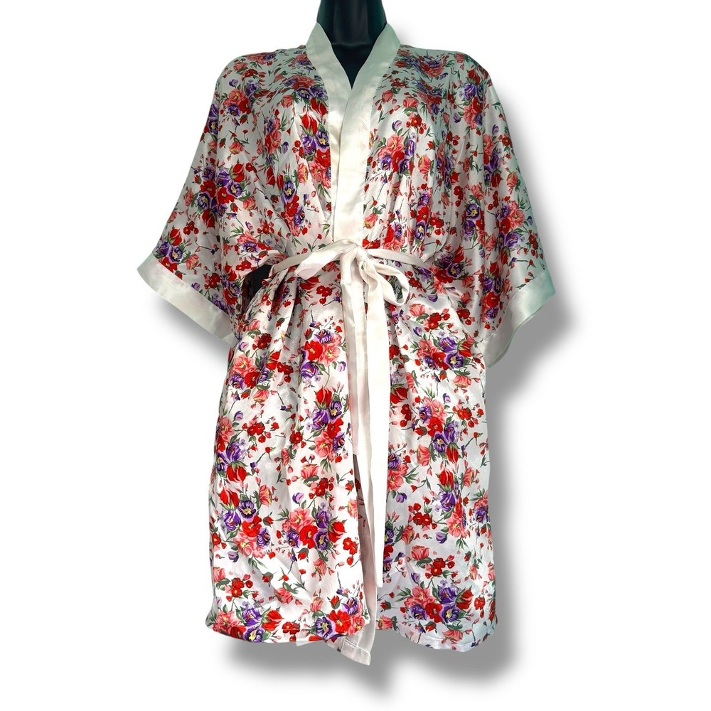 Vintage 90s Frederick's of Hollywood Floral Robe Lingerie Large Satin Overcoat - Picture 4 of 9
